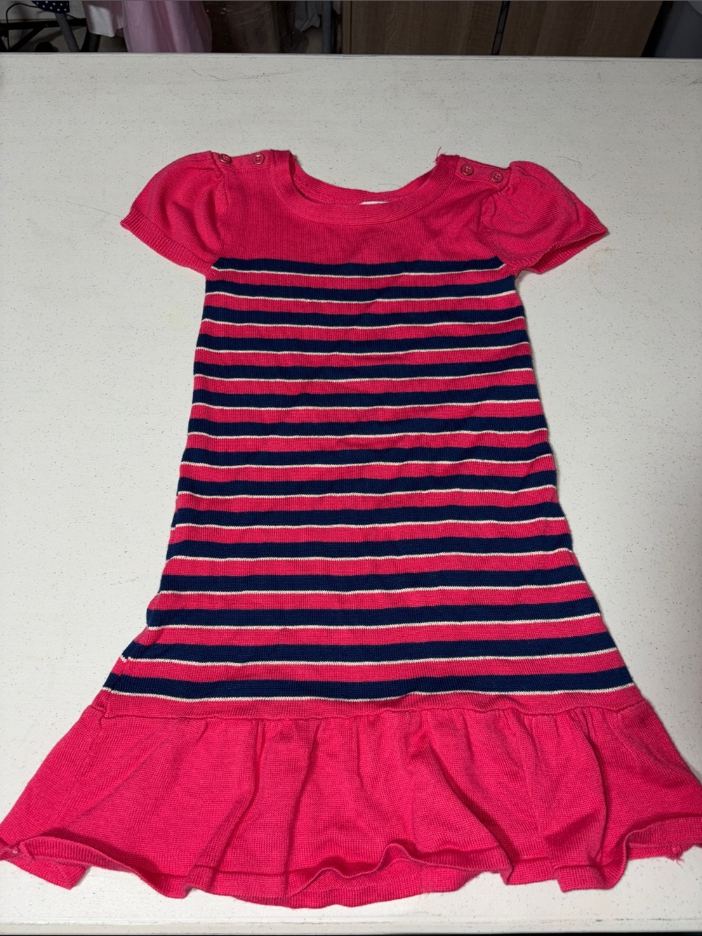 Place Pink and Navy Striped Knit Dress with Ruffle Hem